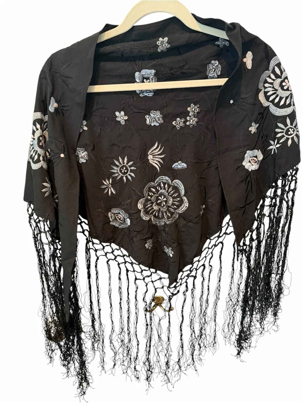 Raj Black Embroidered Fringe Shawl Wrap Boho Floral Evening Cover Up